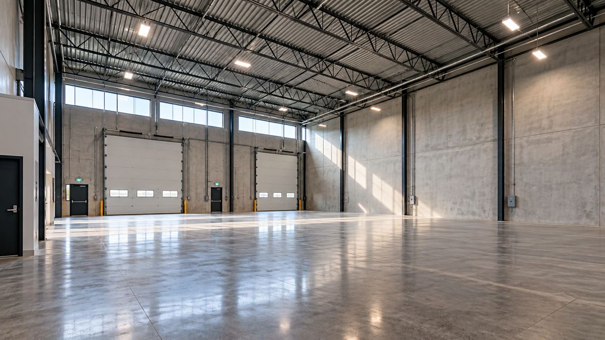 Shell-condition warehouse interior with tall clear height and polished concrete floor