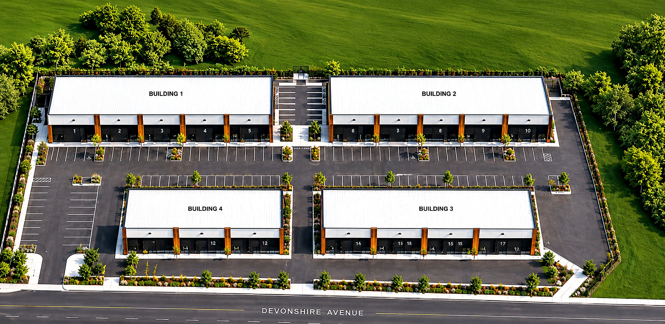 Aerial site plan of Devonshire Business Park showing Buildings 1 through 4 and numbered units